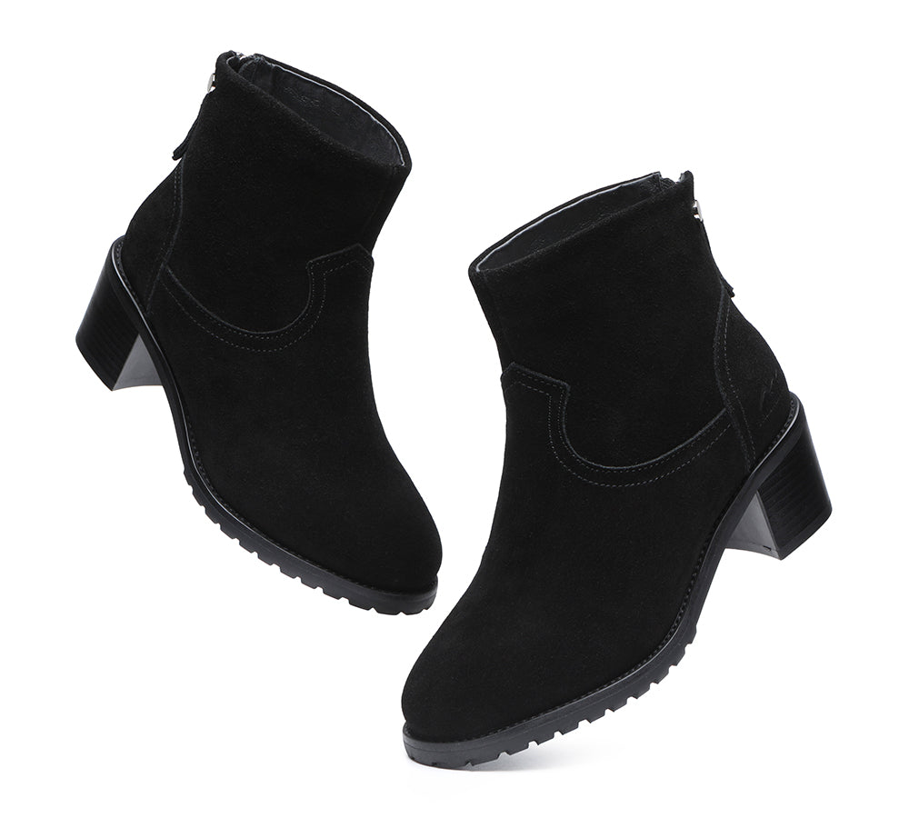 Fashion Boots - Black Leather Zipper Ankle Heel Boots Women Galena